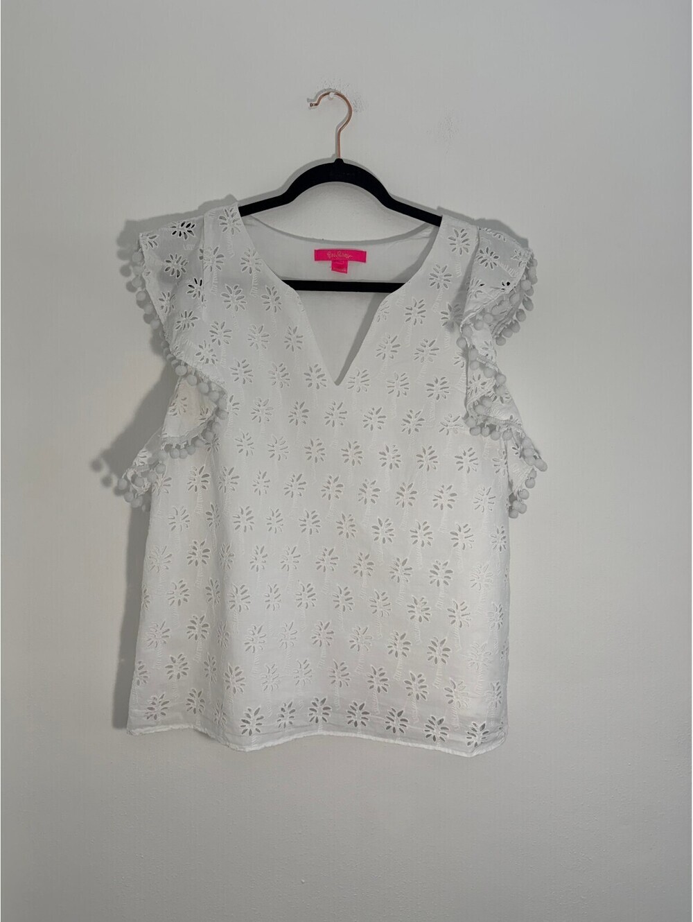 Lilly Pulitzer White Eyelet Cotton Top Pom Pom Flutter Sleeve Blouse Women's